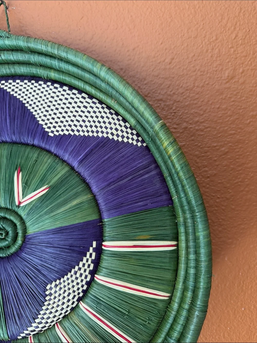 Handwoven Decorative Wall Basket in Green & Purple (14” Diameter)